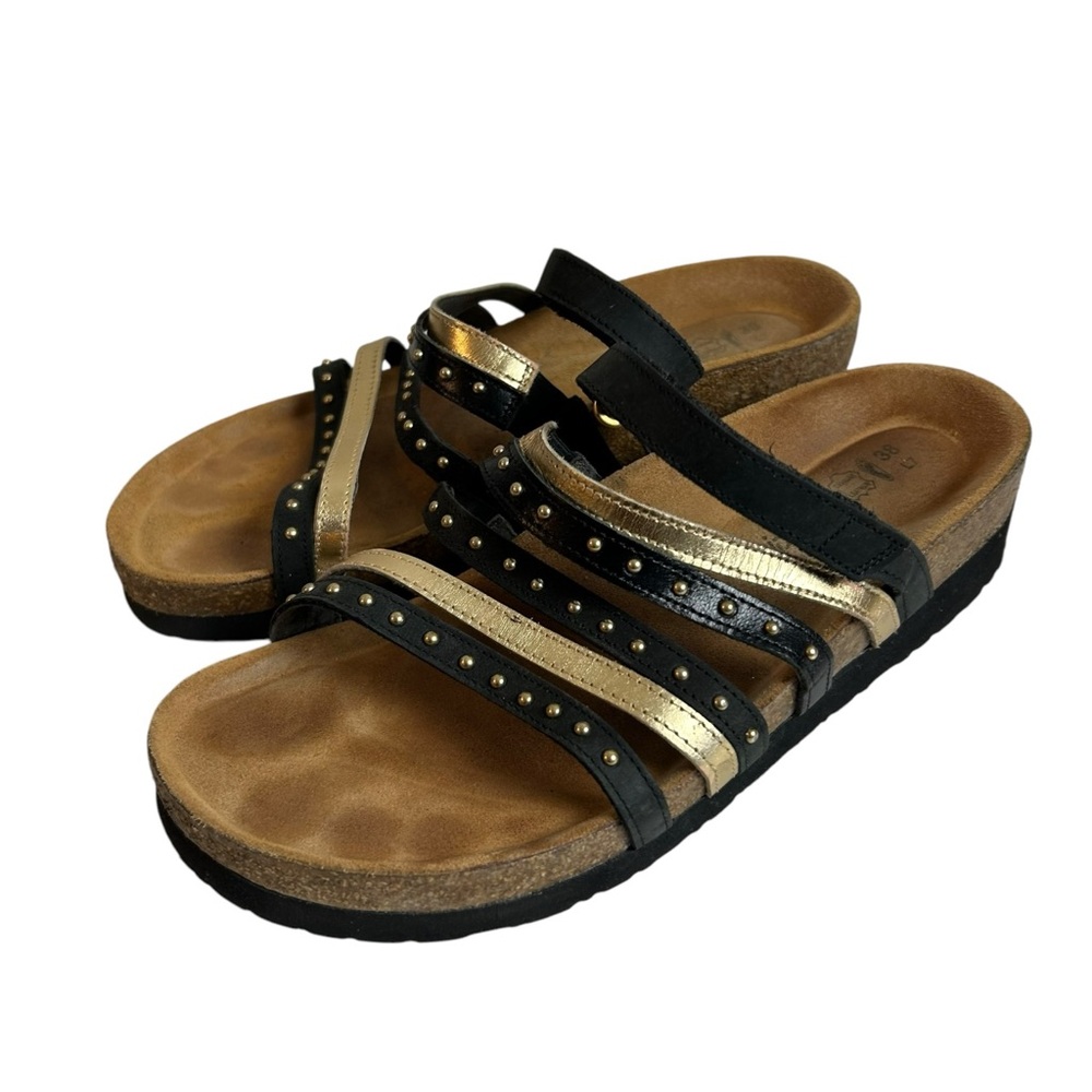 NOAT PRESCOTT Slide Sandal Leather Black/Gold Cork Wedge US 7 EU 38 - Picture 3 of 12